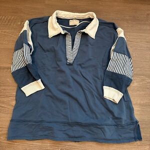 Free People Blue and White Long Sleeve Polo